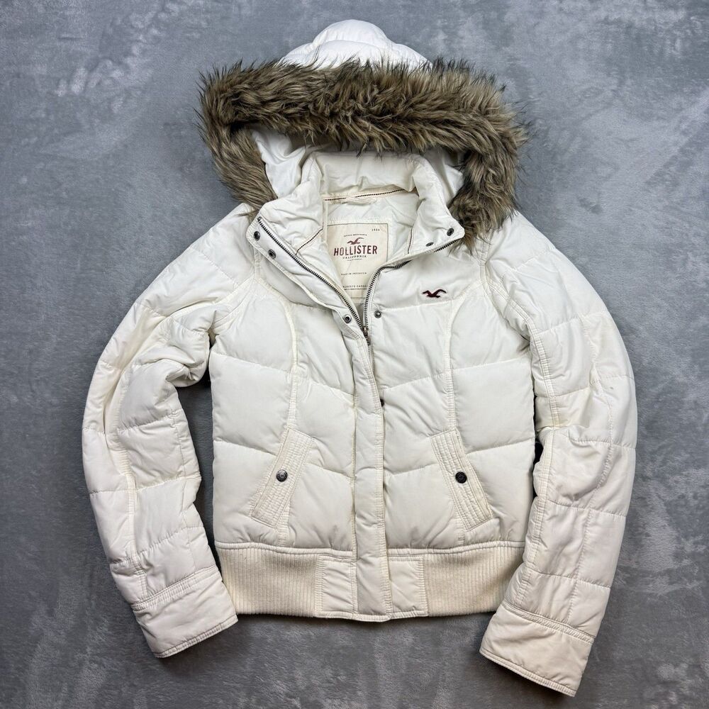 Y2K Hollister Women’s Large White Puffer Jacket Faux Fur Hood Down Feather RARE